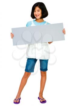 Cute girl showing an empty placard isolated over white