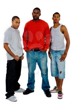 Three young men posing isolated over white