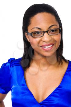 Smiling woman wearing eyeglasses isolated over white