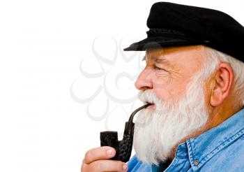 Close-up of a man smoking with pipe isolated over white