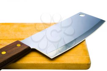 Shiny meat cleaver with a cutting board isolated over white
