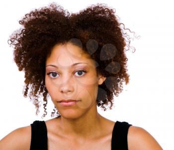 African American woman looking serious isolated over white