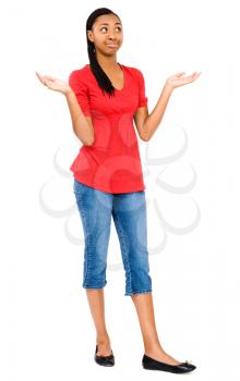 African teenage girl posing and gesturing isolated over white