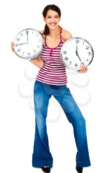 Fashion model holding clocks and smiling isolated over white