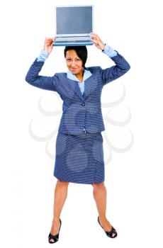 Businesswoman holding a laptop and smiling isolated over white