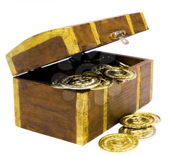 Gold coins in a chest box isolated over white