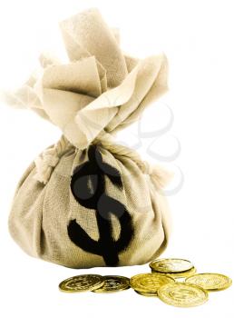 Close-up of dollar sign on a sack with us coins isolated over white
