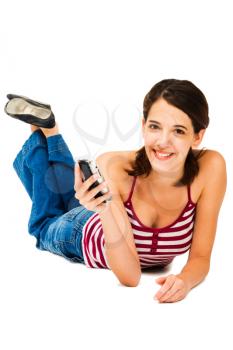 Happy woman holding a mobile phone isolated over white