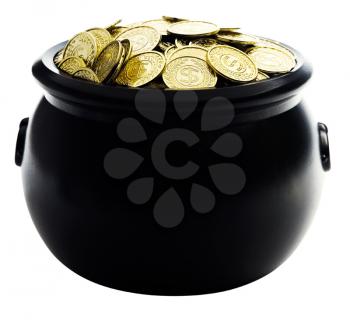 Pot of gold coins isolated over white