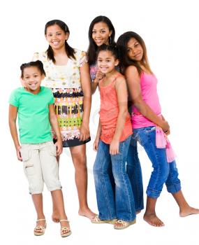 Five friends standing together and smiling isolated over white