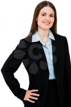Smiling businesswoman posing isolated over white