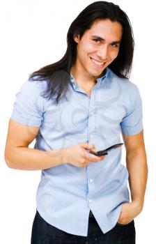 Happy man text messaging on a mobile phone isolated over white