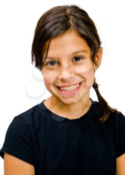 Close-up of a girl smiling and posing isolated over white