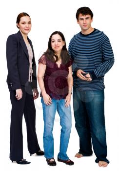 Portrait of three friends posing and smiling isolated over white