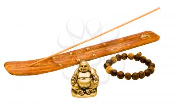 Laughing Buddha with incense holder and prayer beads isolated over white