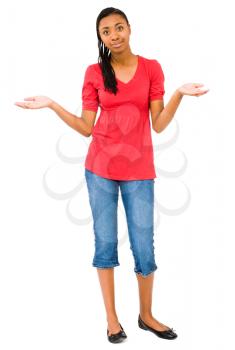Portrait of a teenage girl gesturing and posing isolated over white