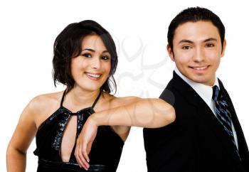 Latin American couple posing together and smiling isolated over white