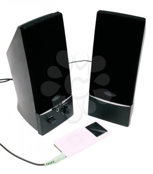 Speakers connected with a MP3 player isolated over white