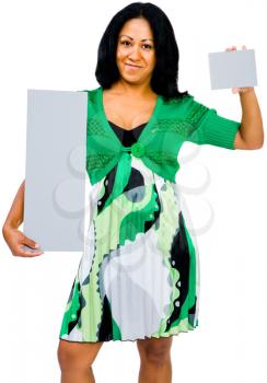 Confident woman showing placards and posing isolated over white