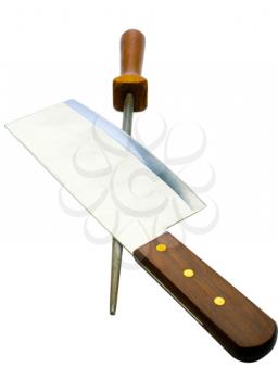 Sharp meat cleaver with poker isolated over white