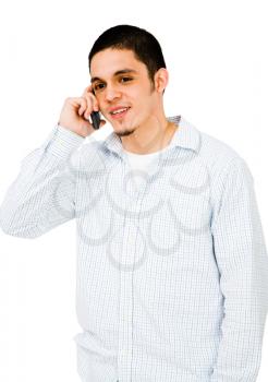 Man talking on a mobile phone isolated over white