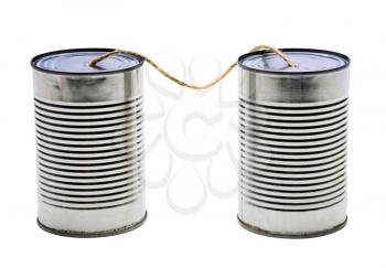 Old tin can phones isolated over white
