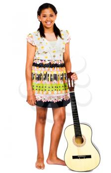 Portrait of a teenage girl holding a guitar isolated over white