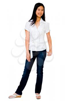 Young woman smiling and posing isolated over white