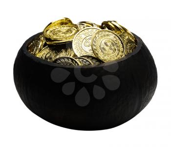 Coins of gold in a pot isolated over white