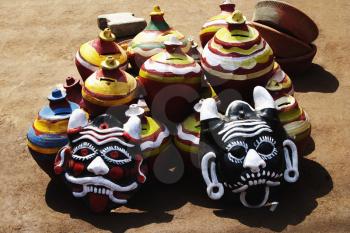 Decorative pots with nazar battus at a market stall, Delhi, India