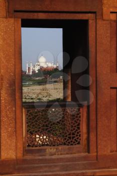 Mausoleum viewed through a window of the fort, Agra Fort, Taj Mahal, Agra, Uttar Pradesh, India