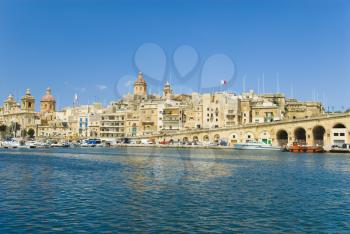 Buildings at the waterfront, San Lawrenz Church, Grand Harbor, Birgu, Malta