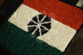 Close-up of Indian flag made up of colored rice, Mussoorie, Dehradun District, Uttarakhand, India