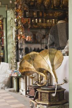Antique gramophones at a store, New Delhi, India