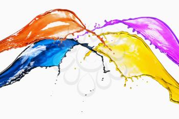 Splash of different color paints on a white background