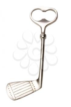 Close-up of a golf club shaped bottle opener