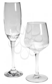 Close-up of an empty wine glass and a champagne flute