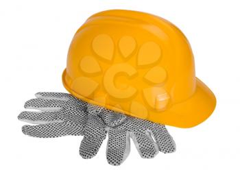 Close-up of protective gloves and a hardhat