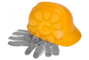Close-up of protective gloves and a hardhat
