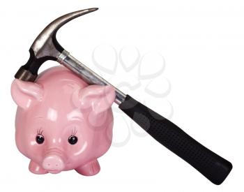 Close-up of a piggy bank with a hammer on it