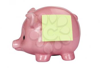 Blank adhesive note stuck on a piggy bank