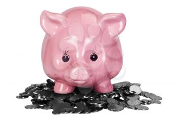 Piggy bank on a heap of coins