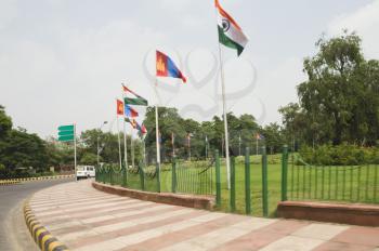 Mongolian and Indian flags  on a roundabout, New Delhi, India