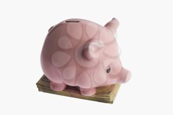Piggy bank on a bundle of currency notes