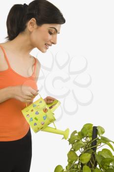 Woman watering plant with a watering can