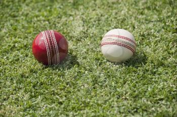 Close-up of two cricket balls on grass