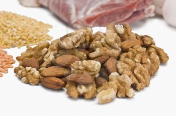 Close-up of dry fruits with pulses and meat