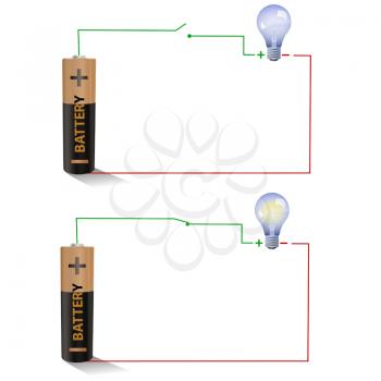 Electric circuit showing Open and Closed switches using a light bulb and battery