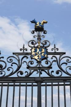 Low angle view of an iron gate, Oxford, Oxfordshire, England