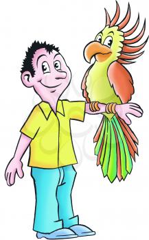 Royalty Free Clipart Image of a Man With a Parrot on His Arm